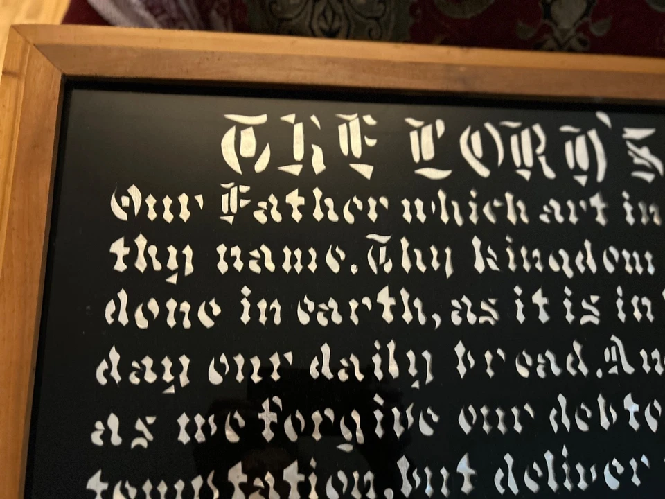 Antique Reverse Painted Glass & Foil Art The Lords Prayer Oak Framed - Image 4 of 4