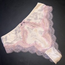 NWT Victoria's Secret M PANTY BRAZILIAN SLIP satin BEIGE PINK LACE DREAM ANGELS