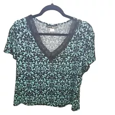 Studio Donatella Womens Sz XL Blue Black Floral Short Sleeve Blouse