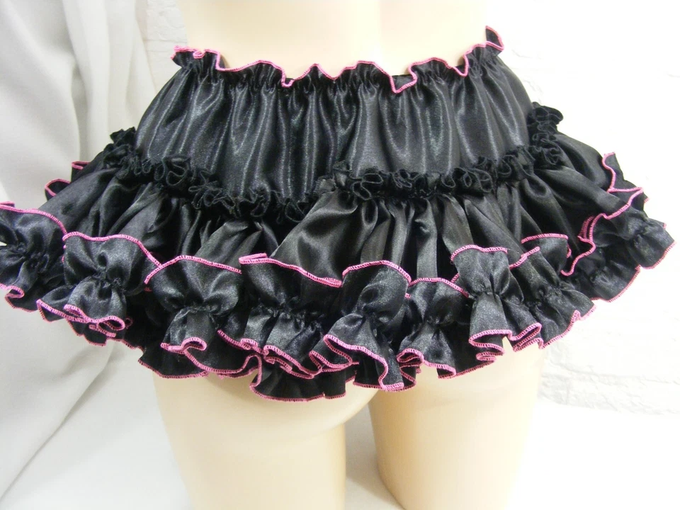 SISSY ADULT BABY SEXY FANCY DRESS black / cerise SATIN MICRO MINI FRILLY SKIRT - Image 3 of 4