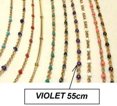 Collier,chaîne très fine femme mini perle émail VIOLET Acier Inoxyd. 55cm - Photo 1/4