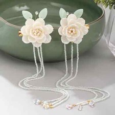 A Pair Chinese Style White Flower Leaf Pearls Long Tassel Hairpin Clips Gift New