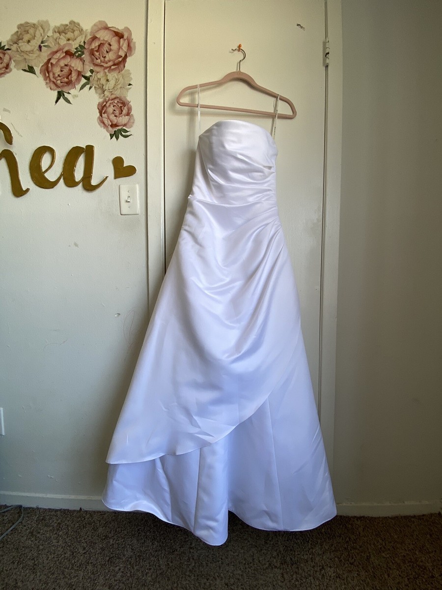 DAVID'S BRIDAL COLLECTION off shoulder satin gown wedding dress
