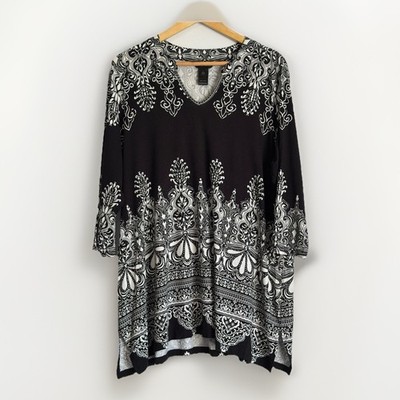 Ali Miles Women s Large Tunic Top Textured 3/4 Sleeves Asymmetric Boho Artsy