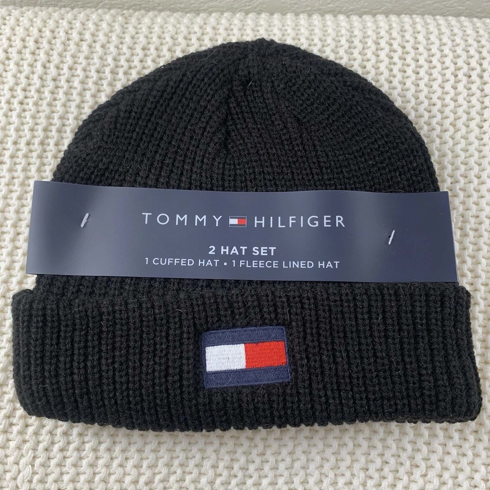 Tommy Hilfiger 2 Hat Set Cuffed Hat & Fleece Lined Hat, Black, Gray NWT