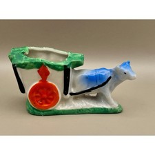 Vtg Japan Ceramic Ox and Cart Toothpick Holder Figurine Hand Painted Ashtray 4"