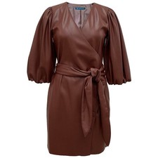INC International Concepts Brown Faux Leather Puff Sleeve Wrap Dress Size 10