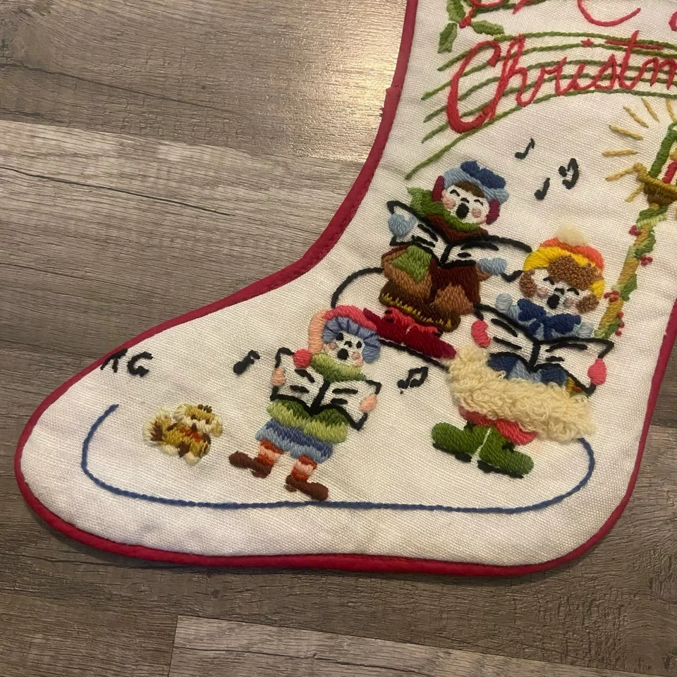 Christmas Stocking Vintage 1970's CREWEL WORK Finished Elsa Williams Carolers - Image 3 of 4