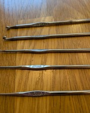5 Antique Boye Steel Crochet Hooks Lot etched 10-35 cents, 00, 00, 5, 7, 9