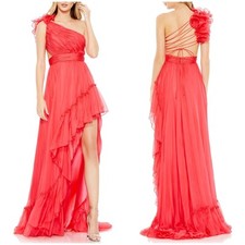 Mac Duggal NWT Ruffled One Shoulder Asymmetrical Gown Cherry Pink Size 8 Chiffon