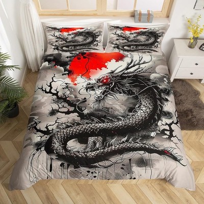 Black Dragon Duvet Cover Set Queen Size,Japanese Style Bedding Set 3Pcs for K...
