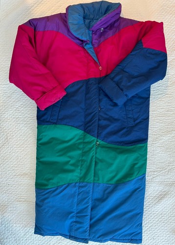 Vintage 80s 90s Color Block Puffer Quilted Long London Fog Down Coat Warm! M
