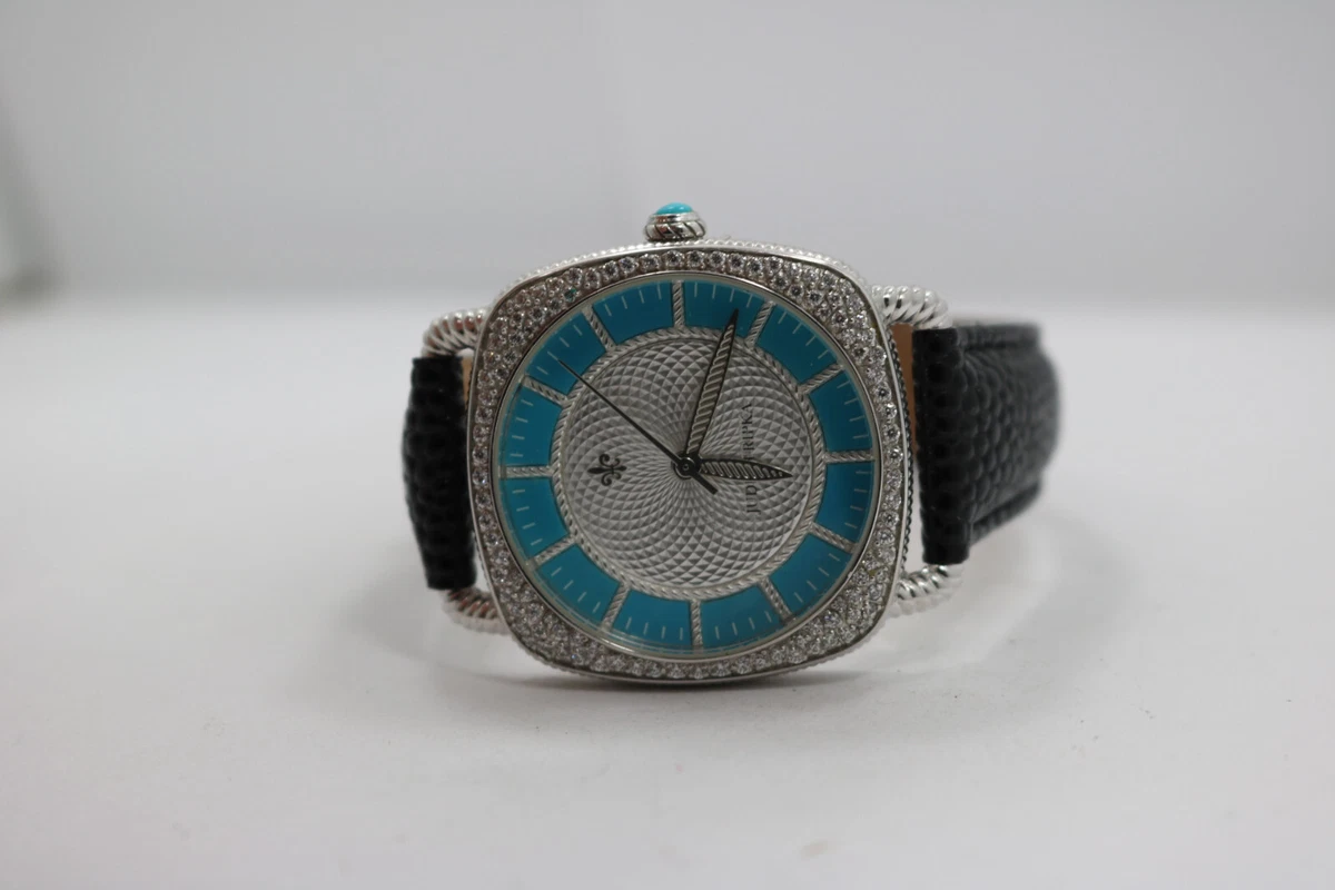 Judith Ripka CZ Turquoise Cushion Womens Watch Black Leather New Batt