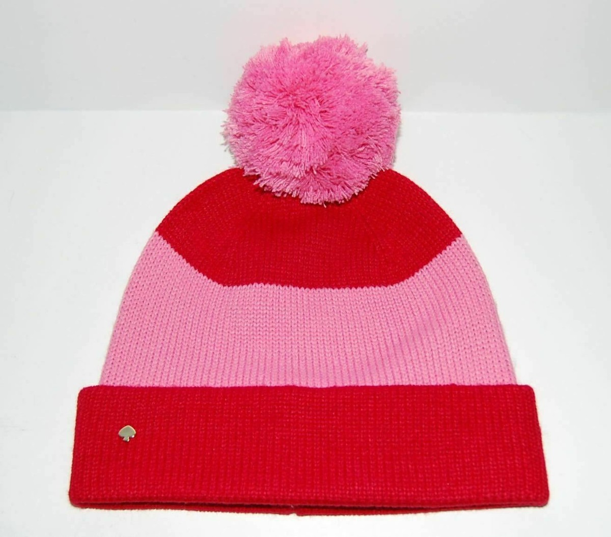 NWT KATE SPADE Color Block Pom-Pom Beanie Pink\\Red w Gold Metal Spade ♠️ Charm Kate Spade New York Color Block Beanie Pink Red Pom Knit Hat  main image 2