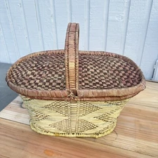 Antique Farmhouse French Wicker Woven Picnic Basket Rare 2 Lids Vintage