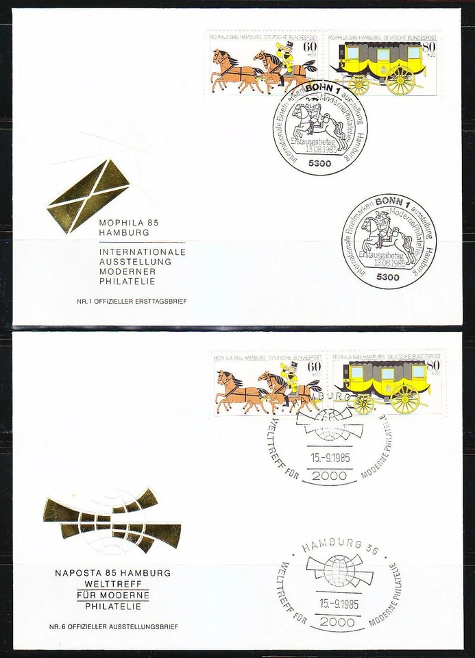 Germany 1985 set of 6 FDC covers Mi 1255-1256 Sc B635-B636 pair MOPHILA Gold set - Image 2 of 4