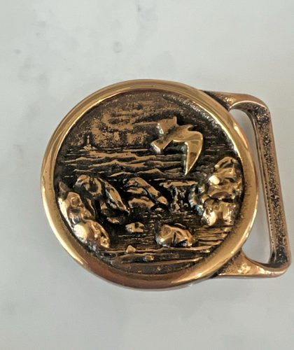 Vtg 70's Tech Ether Solid Brass Belt Buckle Seascape 1 Coastal Bird Ocean Rocks