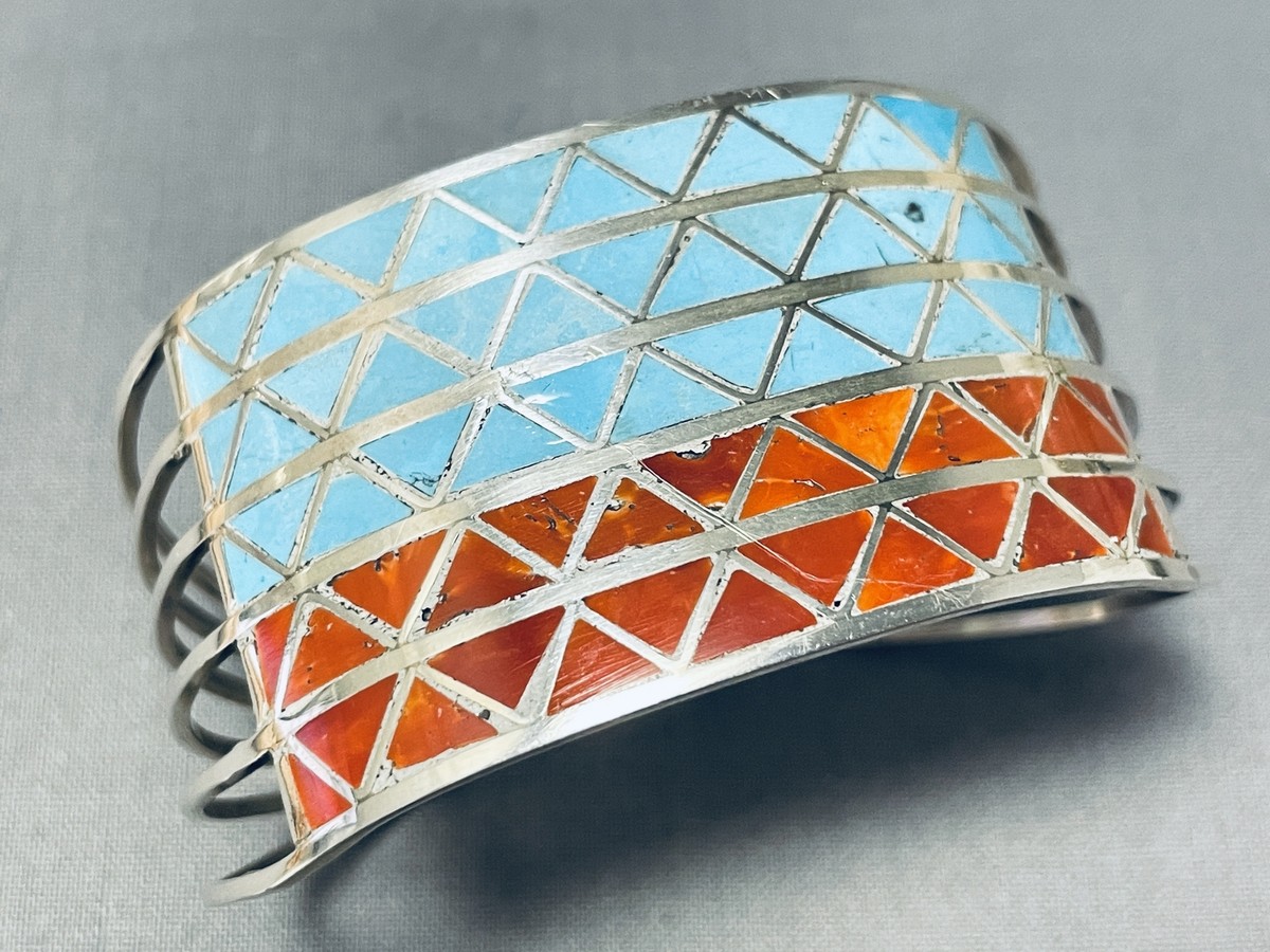 Museum Quality Vintage Zuni Native American Coral Sterling Silver Bracelet Inlay Museum Quality Vintage Zuni Native American Coral Sterling Silver Bracelet Inlay