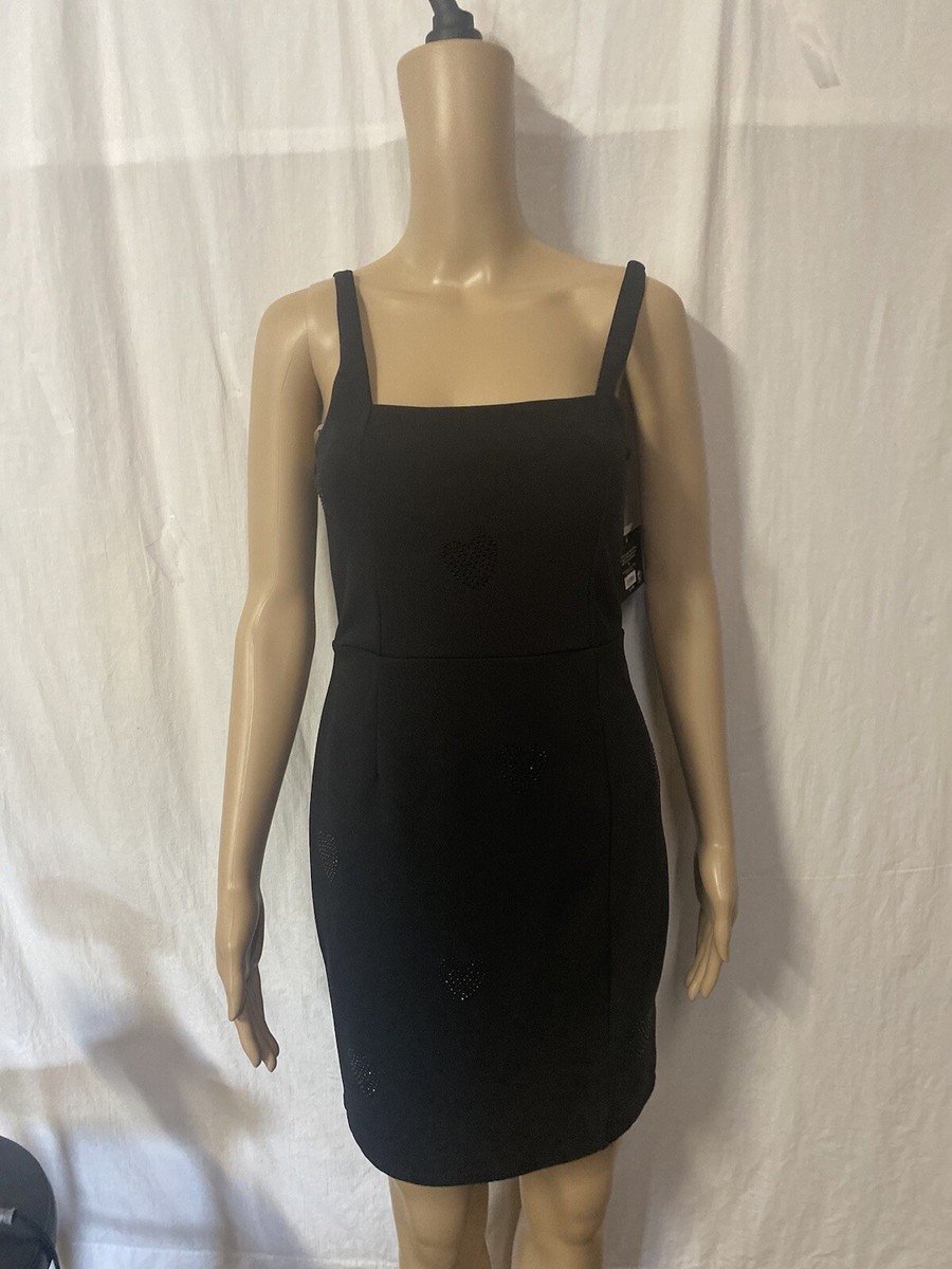 Planet Gold Juniors Square Neck Rhinestone Heart Mini Dress Size M-Black