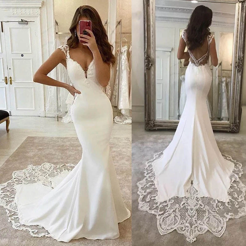 Simple A Line V neck White Tulle Spaghetti Straps Beach Wedding Dresses  with Lace – trendtydresses