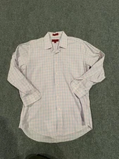 Bergamo New York Shirt Mens Large Pink Blue Plaid Fitted Button Down Dress