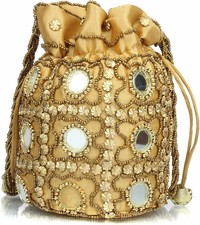 Handmade Indian Silk Potli Bag Metal Beadwork Ethnic Clutch Batwa Pouch