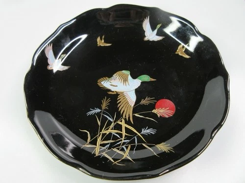 Vintage Flying Mallard Duck Fine China Brass Black Scallop Edge Plate Bowl Japan