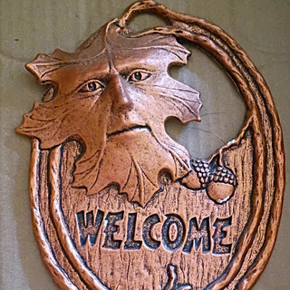 Welcome Metal Hanging Leaf Face Sign w/ Acorn Detail Spirit of the Forest.
