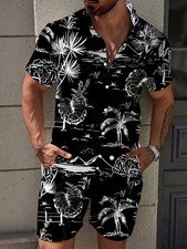 Men's 3D plant pattern beach two-piece shirt button- shirt short-sleeved Hawaiia