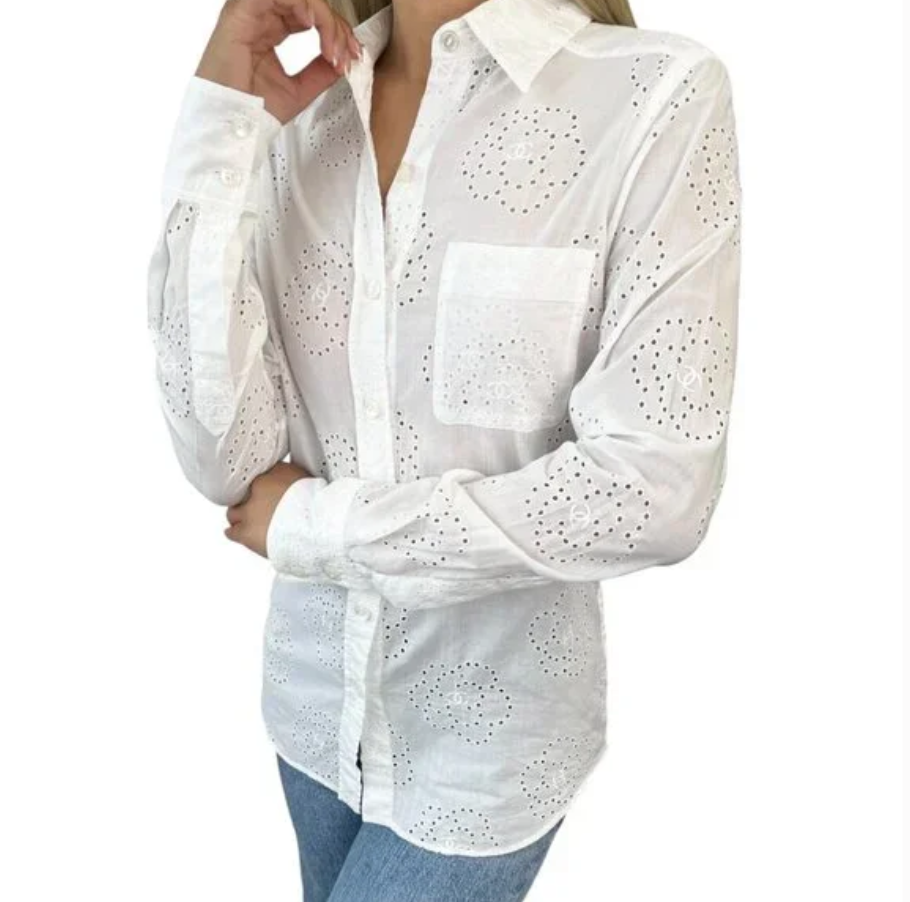 シャネル トップス 36 CHANEL Vintage 08P CC Logo Mark Camellia Blouse Shirt #36 Top
