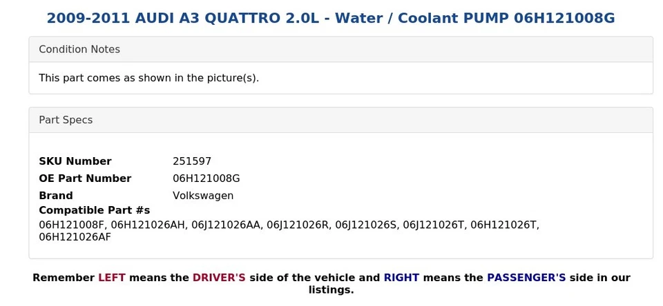 2009-2011 AUDI A3 QUATTRO 2.0L - Bomba de água/líquido de arrefecimento 06H121008G - Imagem 3 de 4