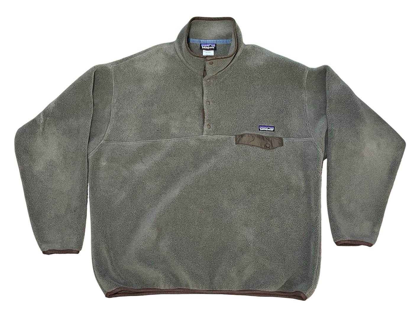 VTG Y2K Patagonia Synchilla Snap T Pullover Fleece Drab Green w Brown XL.  RARE!
