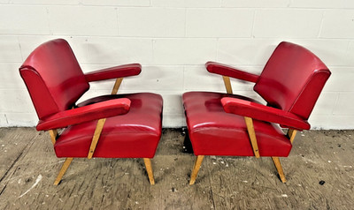 Vintage Mid-Century Modern Viking Artline Red Vinyl Armchairs