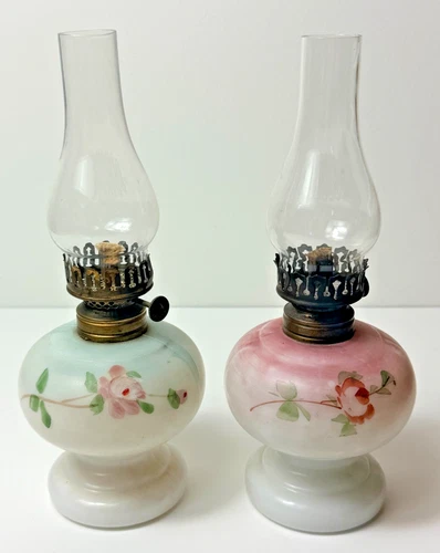 Set of 2 Vintage Miniature Milk glass  Oil Lamp 9”  - Pink & Bluish - Nelly Bly