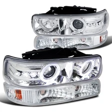 Fits 1999-2002 Chevy Silverado Tahoe Led Halo Projector Headlights+Bumper Lamps
