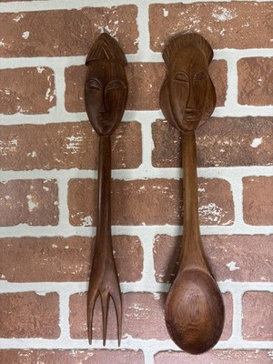 Vintage African Serving Set Fork Spoon Salad Hand Carved Wood Utensils 14''