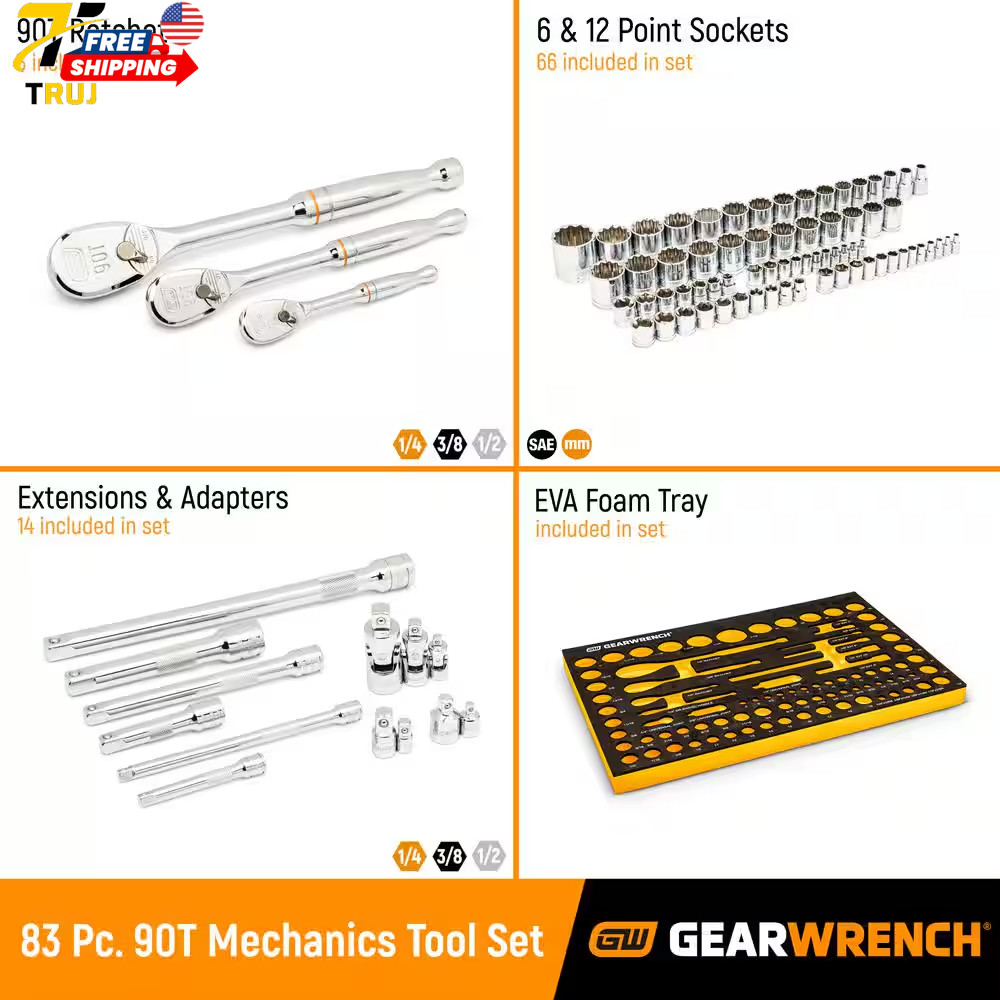 90T 1/4 In 3/8 In 1/2 In 90T SAE/MM Mechanics Tool Set with EVA Foam Tray 83 PCS