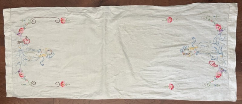 Antique Table Runner Girl w/Ice Cream Cone Embroidery 44” Long 18” Wide