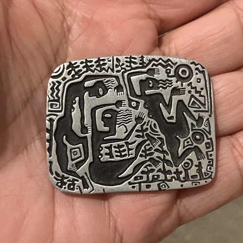 Vintage 2000 Alice Seely Signed Folk Art  Brooch Pewter Petroglyph Mothers Dance