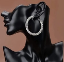 Ladies Allover Rhinestone Silver Hoop Earrings