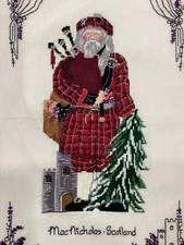 Finished Unframed Cross Stitched Scottish Santa “Mac Nicholas-Scotland”