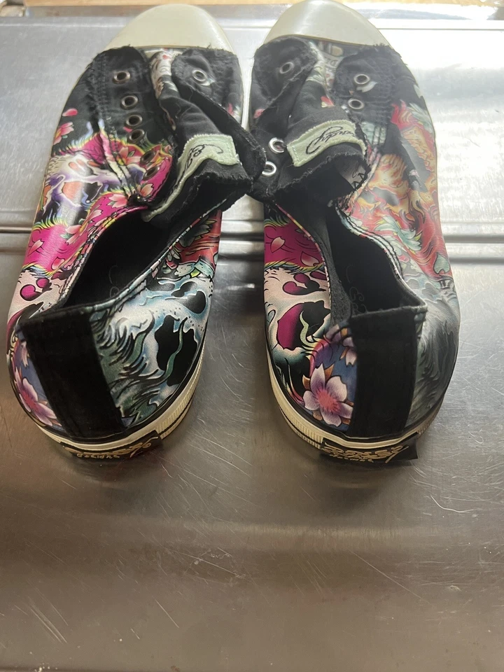 Y2K 复古 Ed Hardy 男式低帮时尚运动鞋 12 码黑色红色头骨一脚蹬 — 第 3/4 张图片