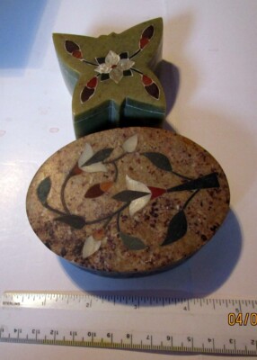 2 Soapstone Trinket Boxes BUTTERFLY SHAPE AND AN OVAL SHELL Inlay  ON BOTH EUC
