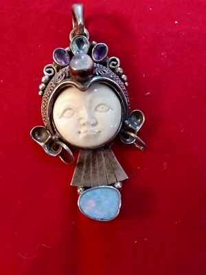Sterling Silber Bali Göttin geschnitztes Gesicht Anhänger 22,38 g Granat Topas & Amethyst
