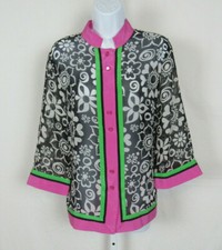 VTG 1990s BOB MACKIE WEARABLE ART MOD FLORAL SILK TOP / BLOUSE MEDIUM SEMI SHEER