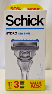 Schick Hydro Dry Skin 5-Blade Razor 1 Razor Handle + 3 Cartridges New