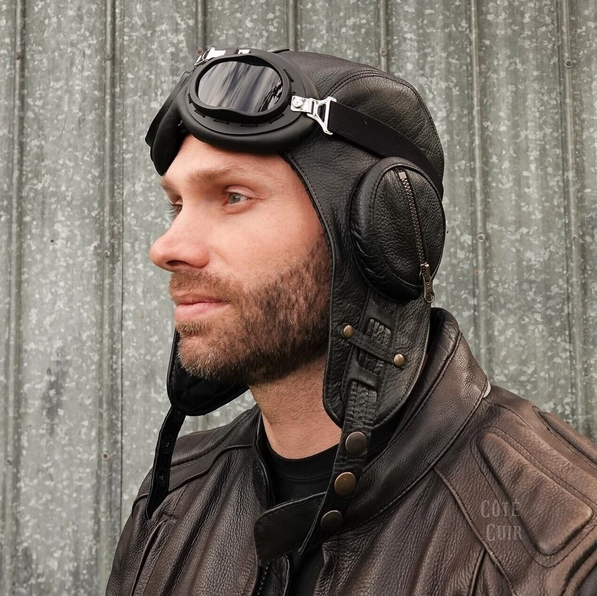 Black Leather Aviator Hat Helmet Pilot Cap Goggles For Men and Women | eBay