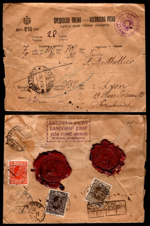 YOUGOSLAVIE : 3 Timbres sur Enveloppe Chargée pour Lyon / Lot ETRANGER - Photo 1/1