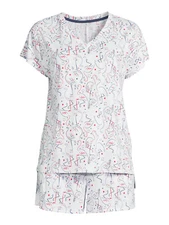 SECRET TREASURES PAJAMAS SHORTS SET V-NECK FLAMINGOS RED BLUE #VI3 POCKETS S