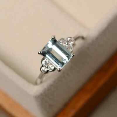 Ehering 2,25 kt Smaragdschliff natürlicher Aquamarin & Diamant 14 K echtes We...